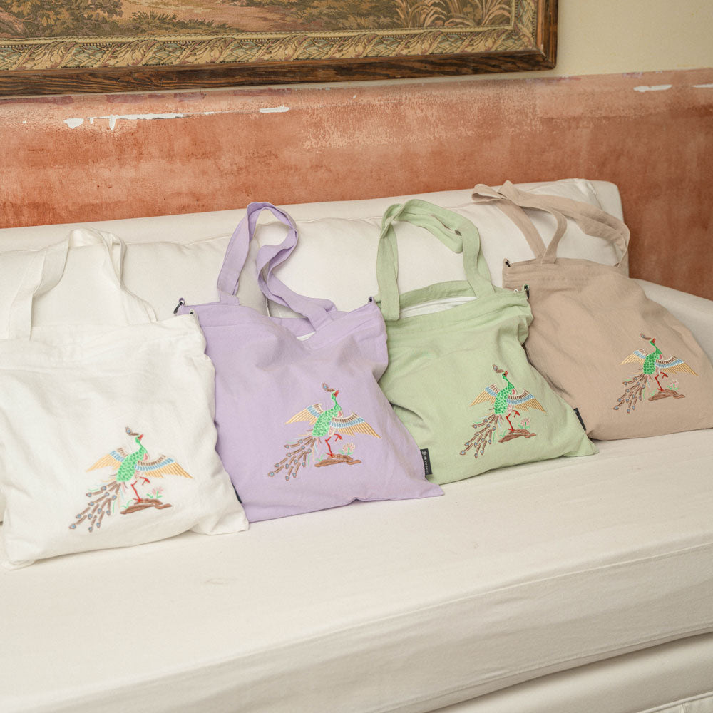 【heyhokiii】Chinese Traditional Peacock Embroidery Cotton Bag | Full Cotton Tote with Zipper & Organizer Pockets | Symbol of Auspiciousness