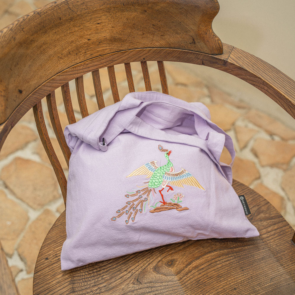 【heyhokiii】Chinese Traditional Peacock Embroidery Cotton Bag | Full Cotton Tote with Zipper & Organizer Pockets | Symbol of Auspiciousness