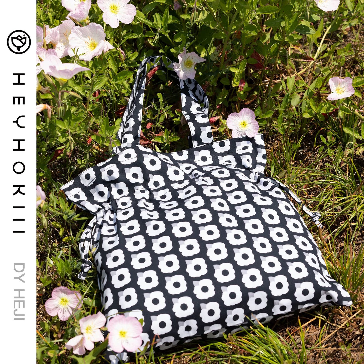 【heyhokiii】Black Apricot Flower Canvas Drawstring Bag: Edgy Elegance in Botanical Art