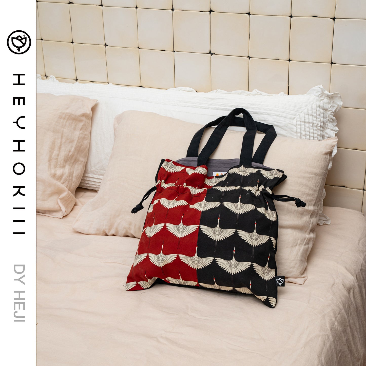 【heyhokiii】Black Crane Canvas Drawstring Bag: Timeless Chinese Symbolism in Sustainable Style