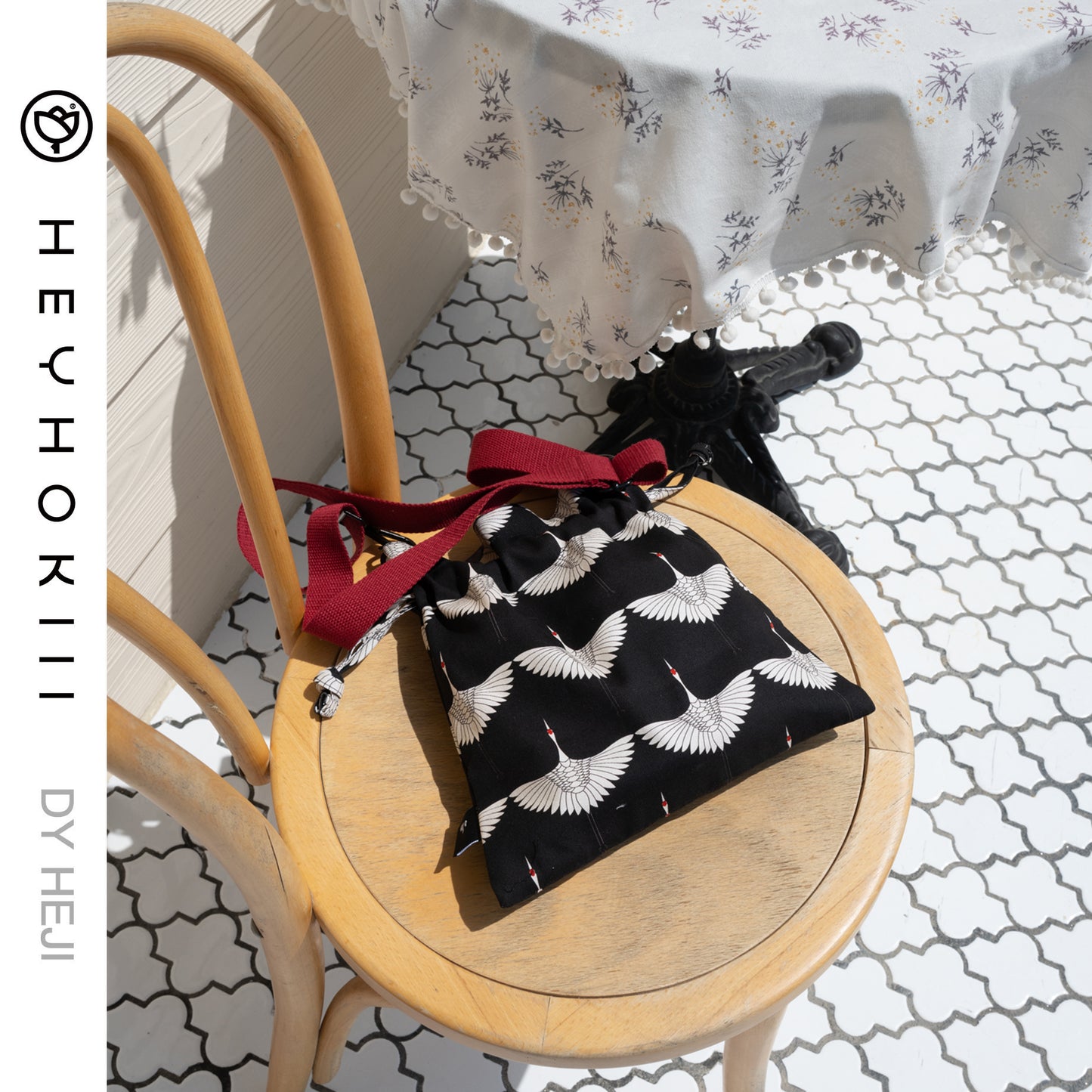 【heyhokiii】Black Crane Canvas Drawstring Bag: Timeless Chinese Symbolism in Sustainable Style