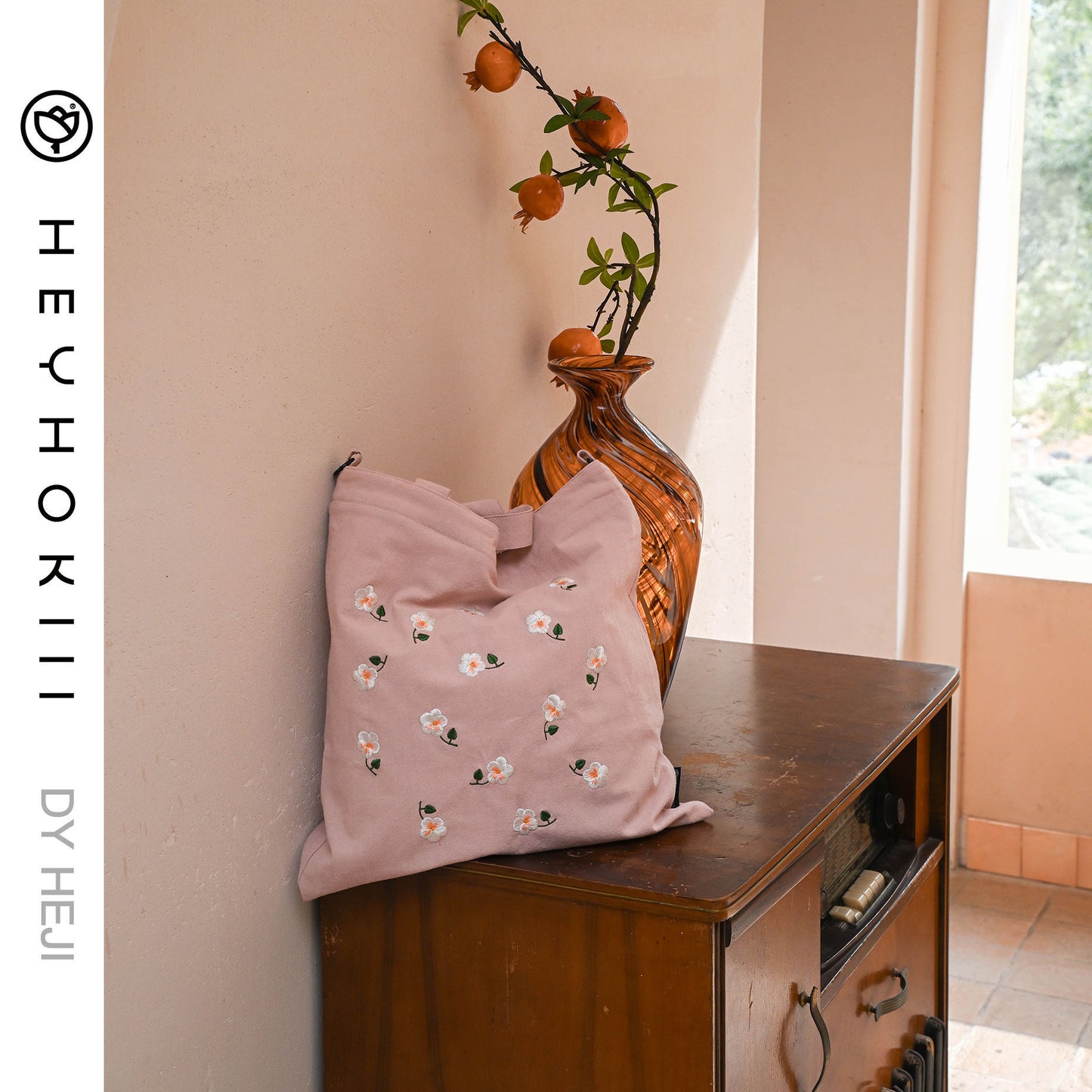 【heyhokiii】Machine-Embroidered Phalaenopsis Pink Cotton Drawstring Bag: Elegance in Every Petal