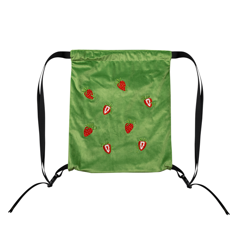 【heyhokiii】Machine-Embroidered Strawberry Green Velvet Duffle Bag: Playful Luxury in Every Stitch