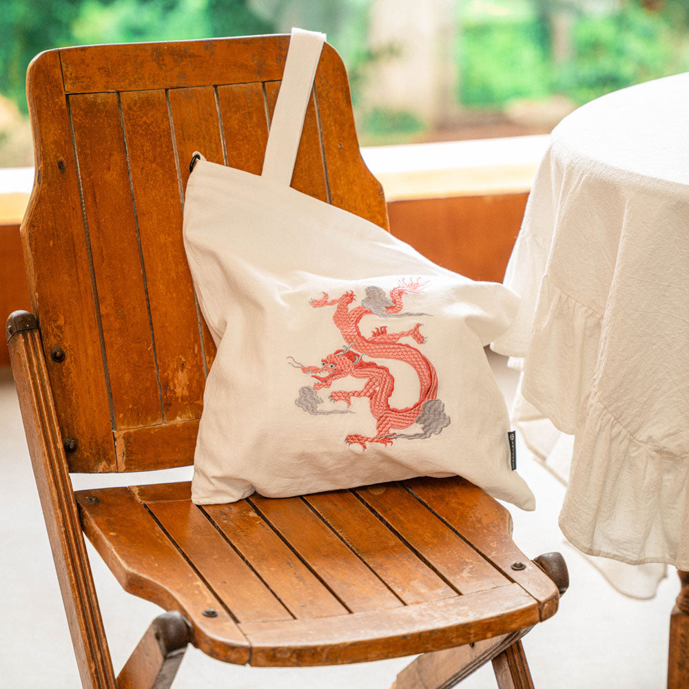 【heyhokiii】Loong Embroidery Cotton Cloth Bag with Zipper