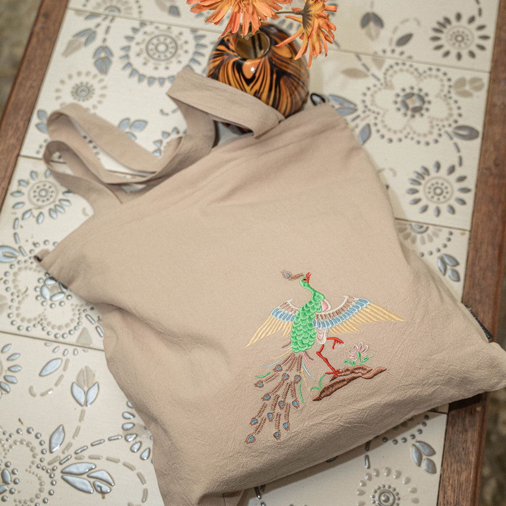 【heyhokiii】Chinese Traditional Peacock Embroidery Cotton Bag | Full Cotton Tote with Zipper & Organizer Pockets | Symbol of Auspiciousness
