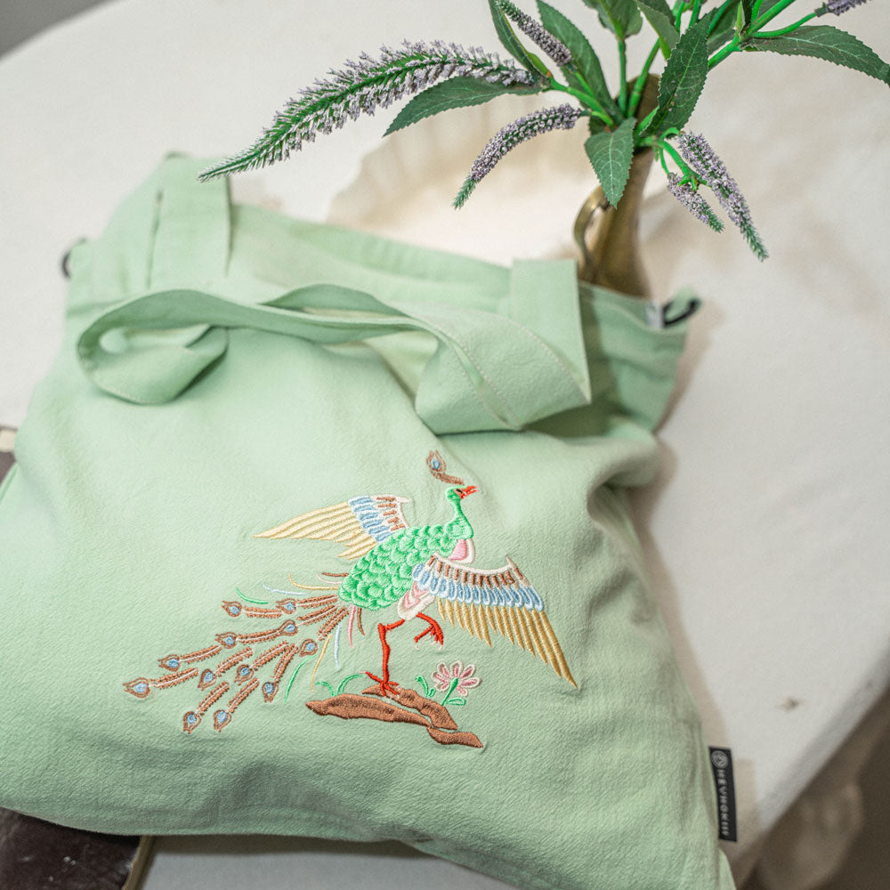 【heyhokiii】Chinese Traditional Peacock Embroidery Cotton Bag | Full Cotton Tote with Zipper & Organizer Pockets | Symbol of Auspiciousness