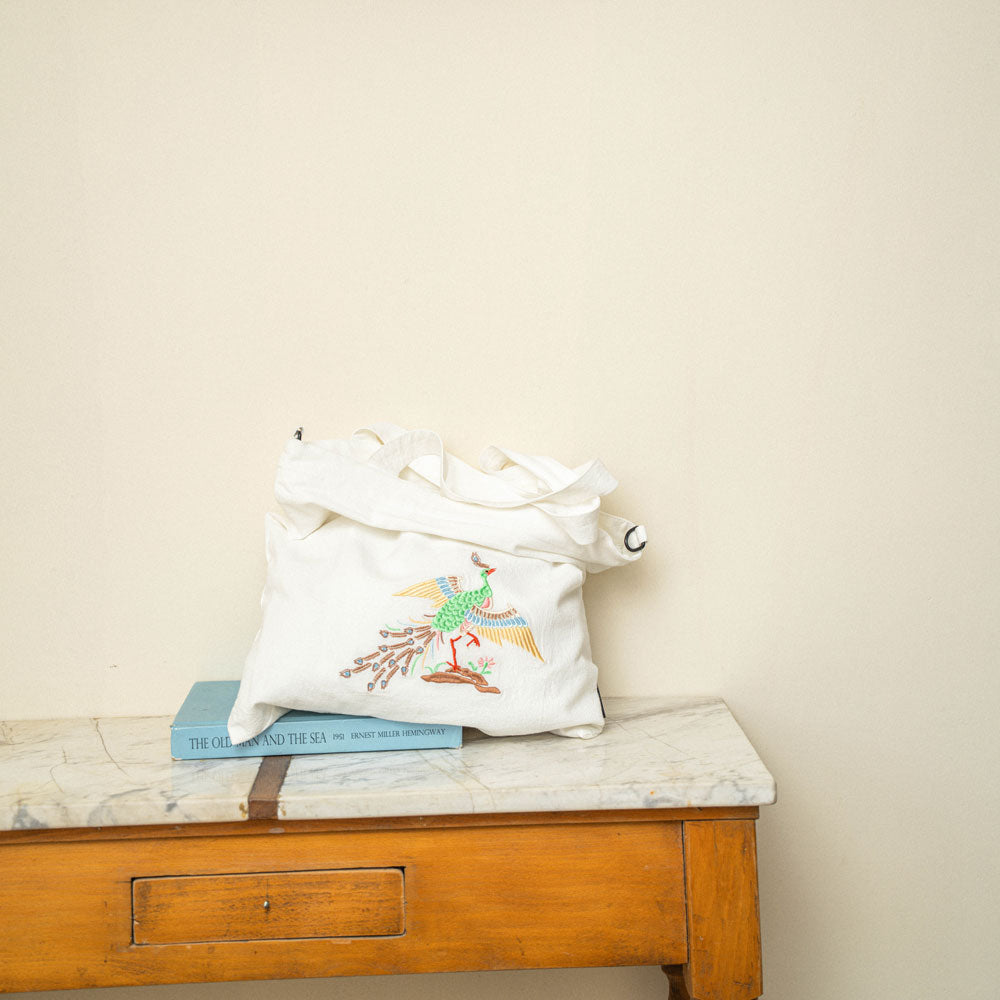 【heyhokiii】Chinese Traditional Peacock Embroidery Cotton Bag | Full Cotton Tote with Zipper & Organizer Pockets | Symbol of Auspiciousness