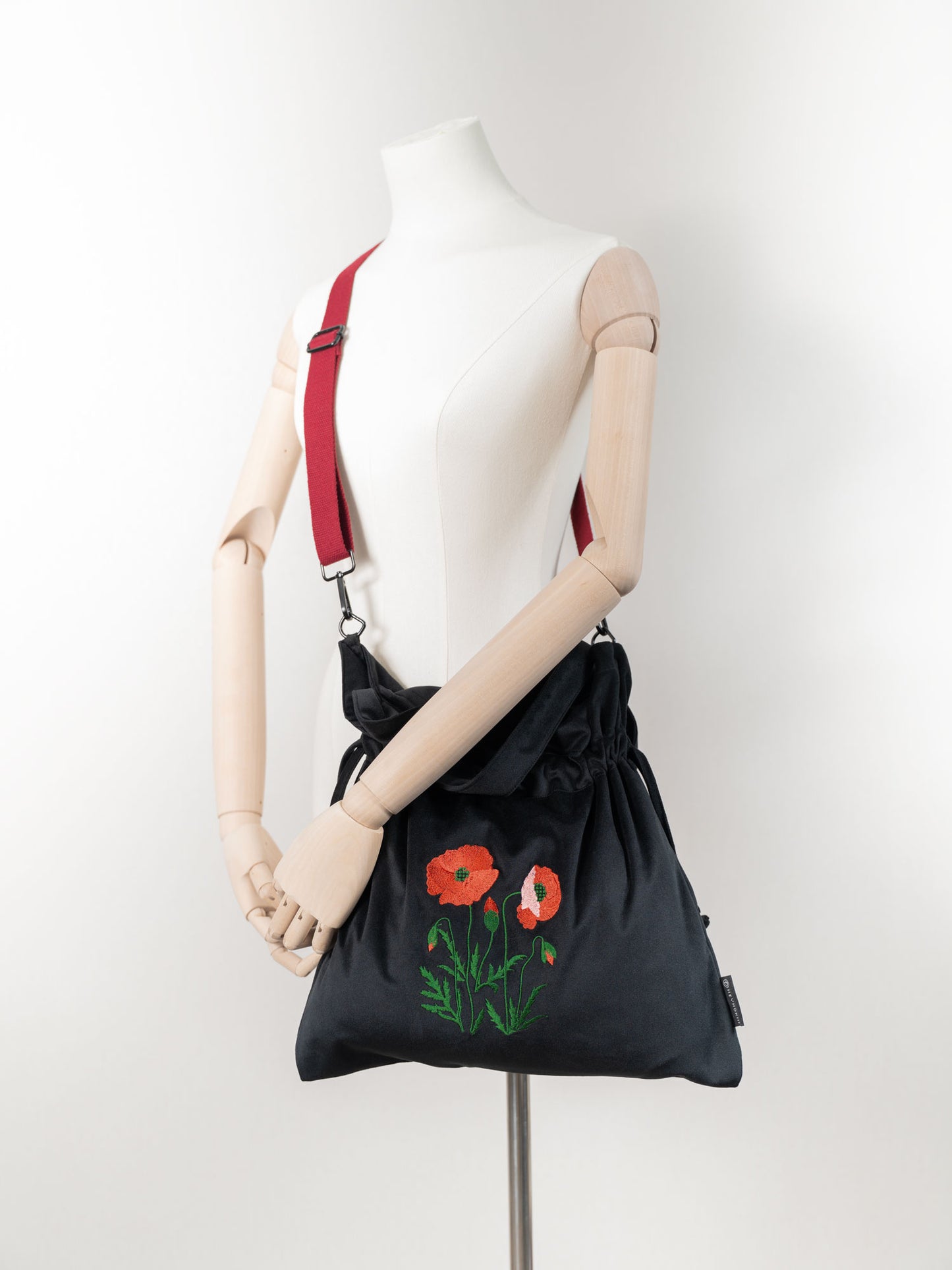【heyhokiii】Machine-Embroidered Corn Poppy Black Velvet Bag: Edgy Elegance in Every Stitch