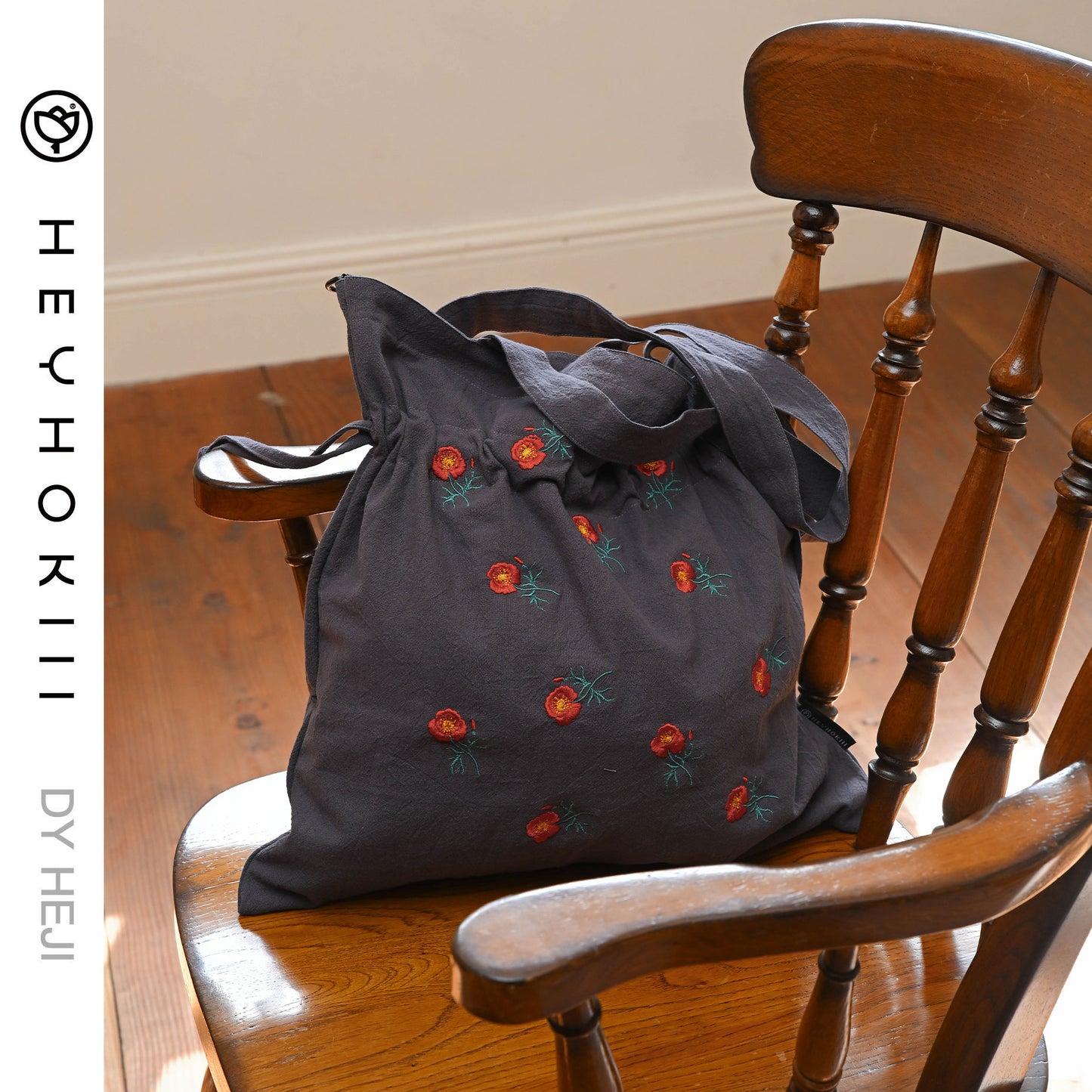 【heyhokiii】Machine - Embroidered Corn Poppy Cotton Drawstring Bag: A Blend of Precision and Practicality