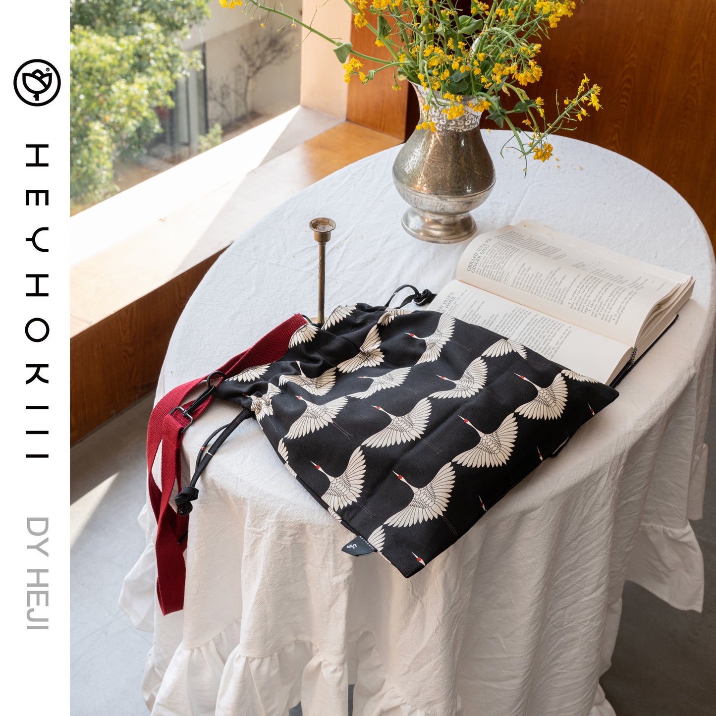 【heyhokiii】Black Crane Canvas Drawstring Bag: Timeless Chinese Symbolism in Sustainable Style