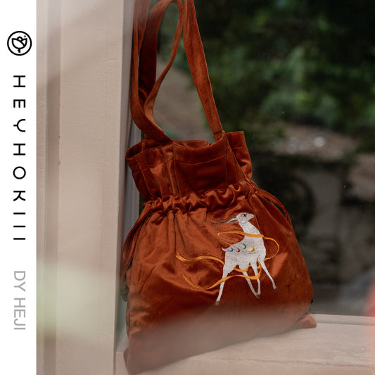【heyhokiii】Machine-Embroidered Nine-Colored Deer Orange Velvet Crossbody Bag: A Mythical Masterpiece from Dunhuang