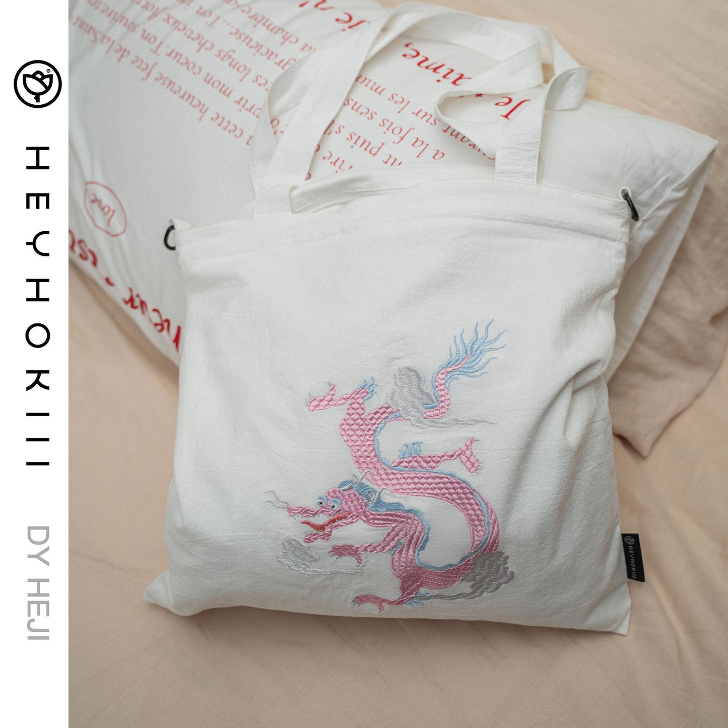 【heyhokiii】Auspicious Loong Embroidery Cotton Tote | Handmade Chinese Heritage Design | Zippered Closure for Secure Carry