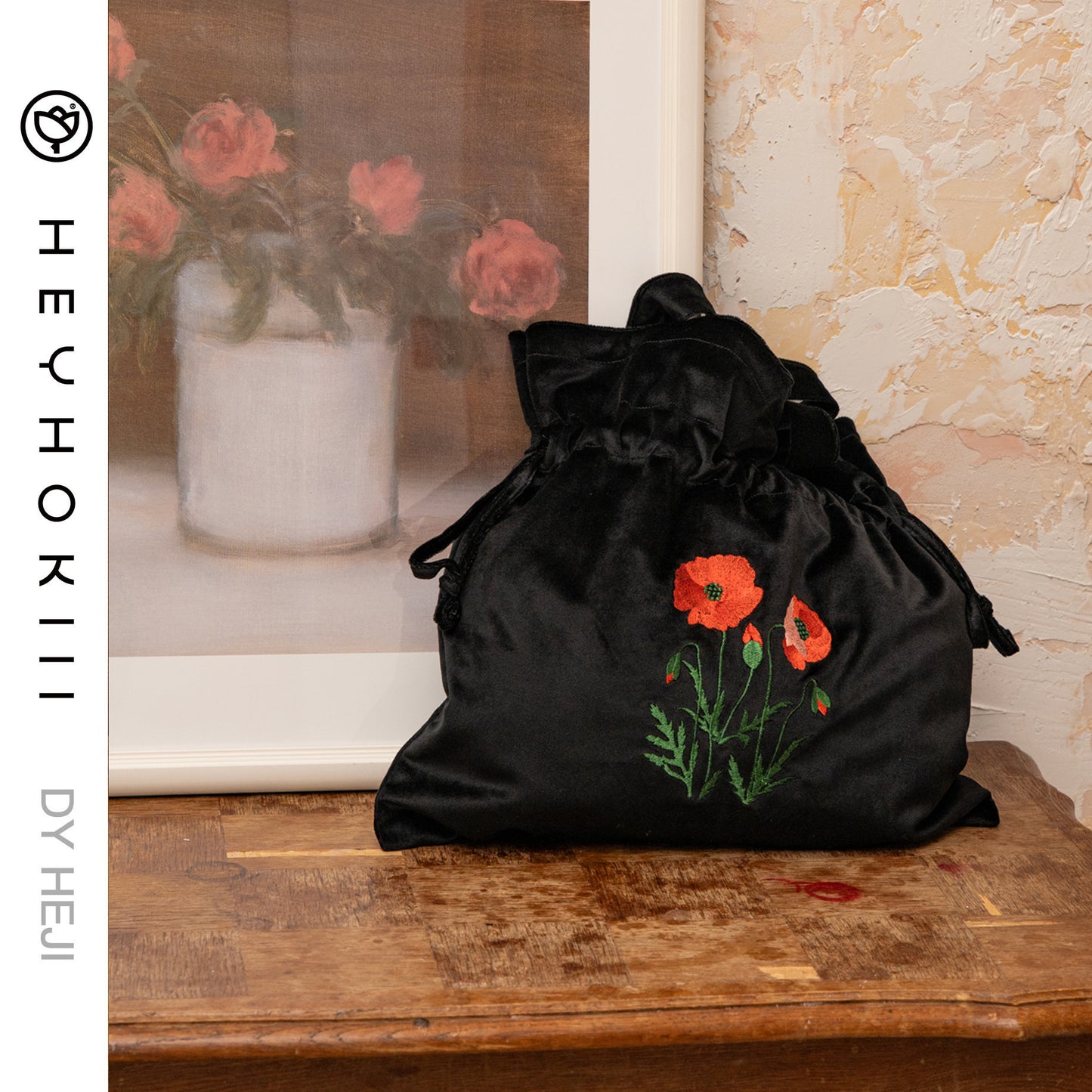 【heyhokiii】Machine-Embroidered Corn Poppy Black Velvet Bag: Edgy Elegance in Every Stitch