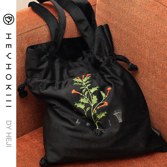 【heyhokiii】Machine-Embroidered Mandala Black Velvet Bag: Mystique in Every Stitch