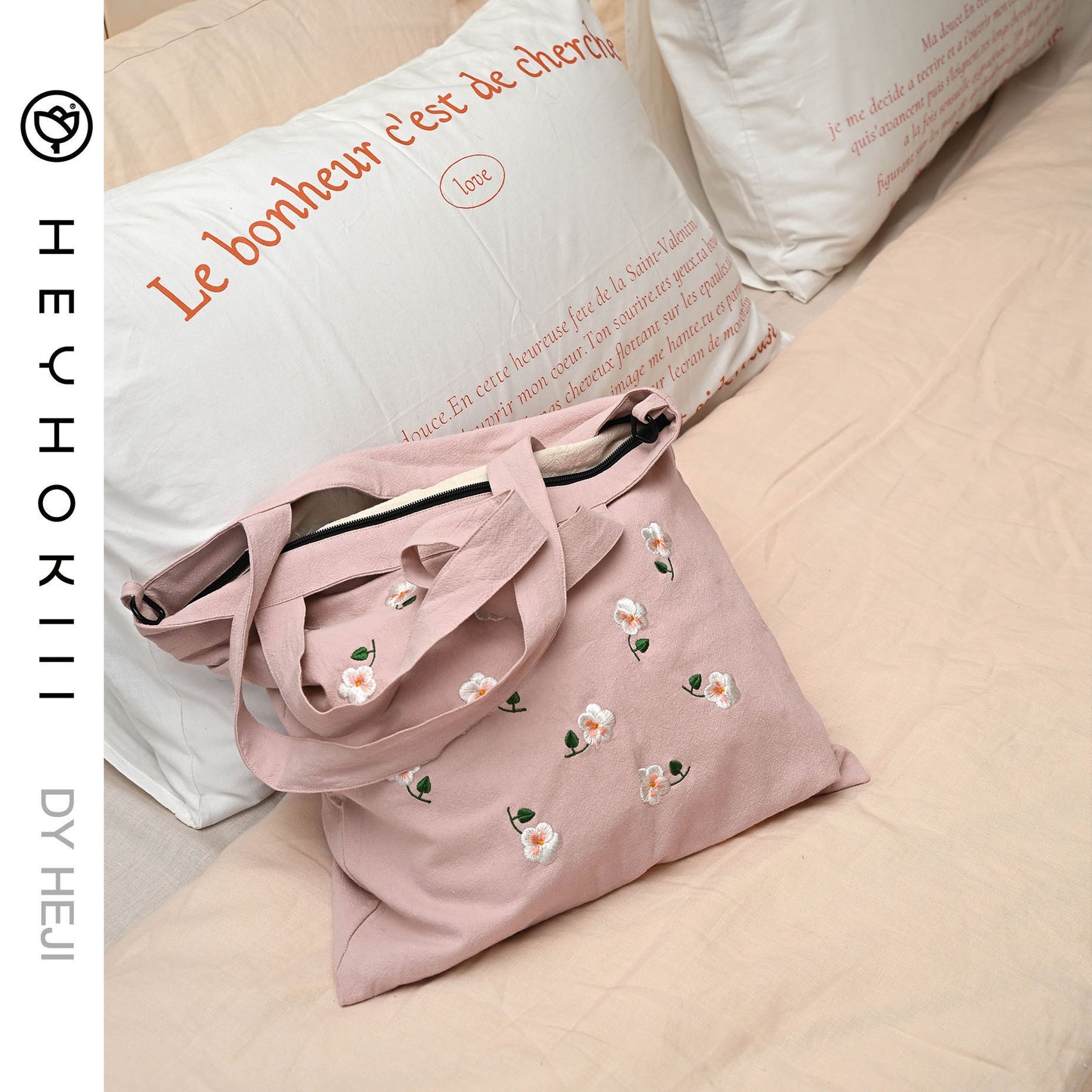 【heyhokiii】Machine-Embroidered Phalaenopsis Pink Cotton Drawstring Bag: Elegance in Every Petal