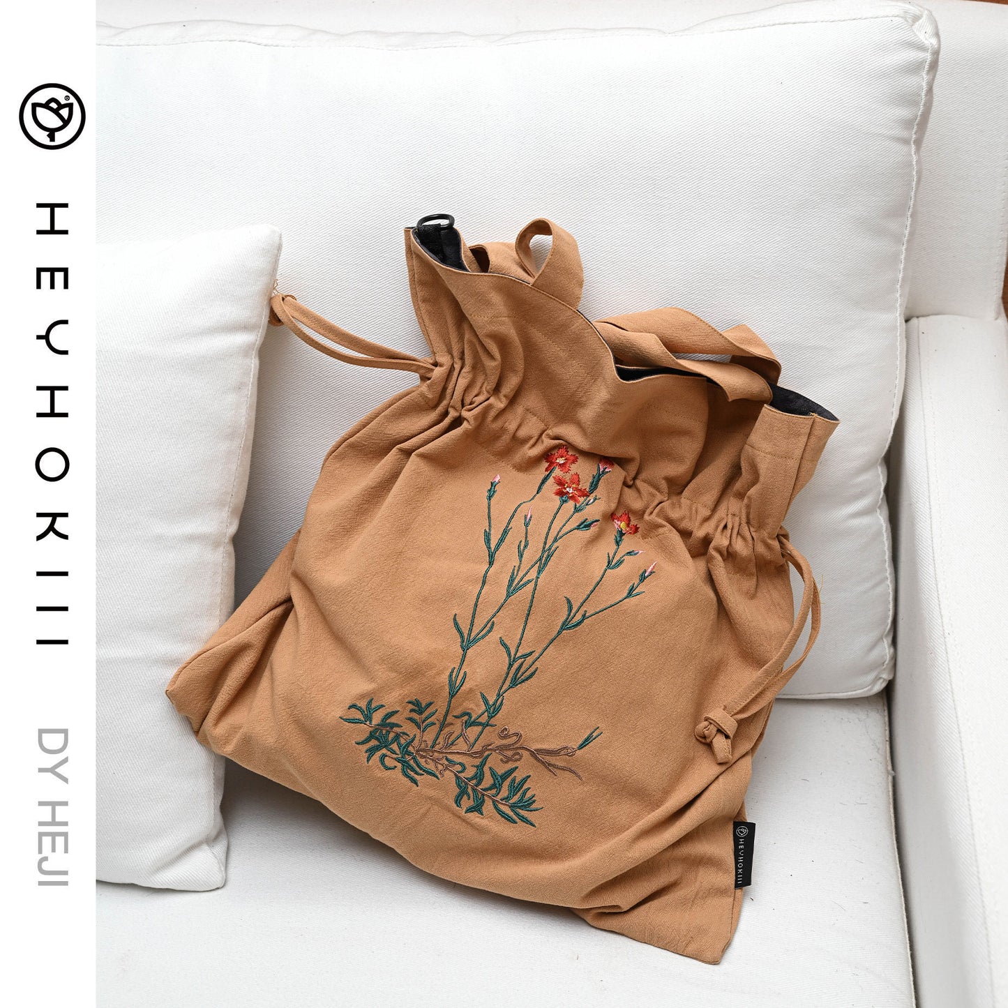 【heyhokiii】Machine-Embroidered Dianthus Cotton Drawstring Bag: Elegance in Every Stitch