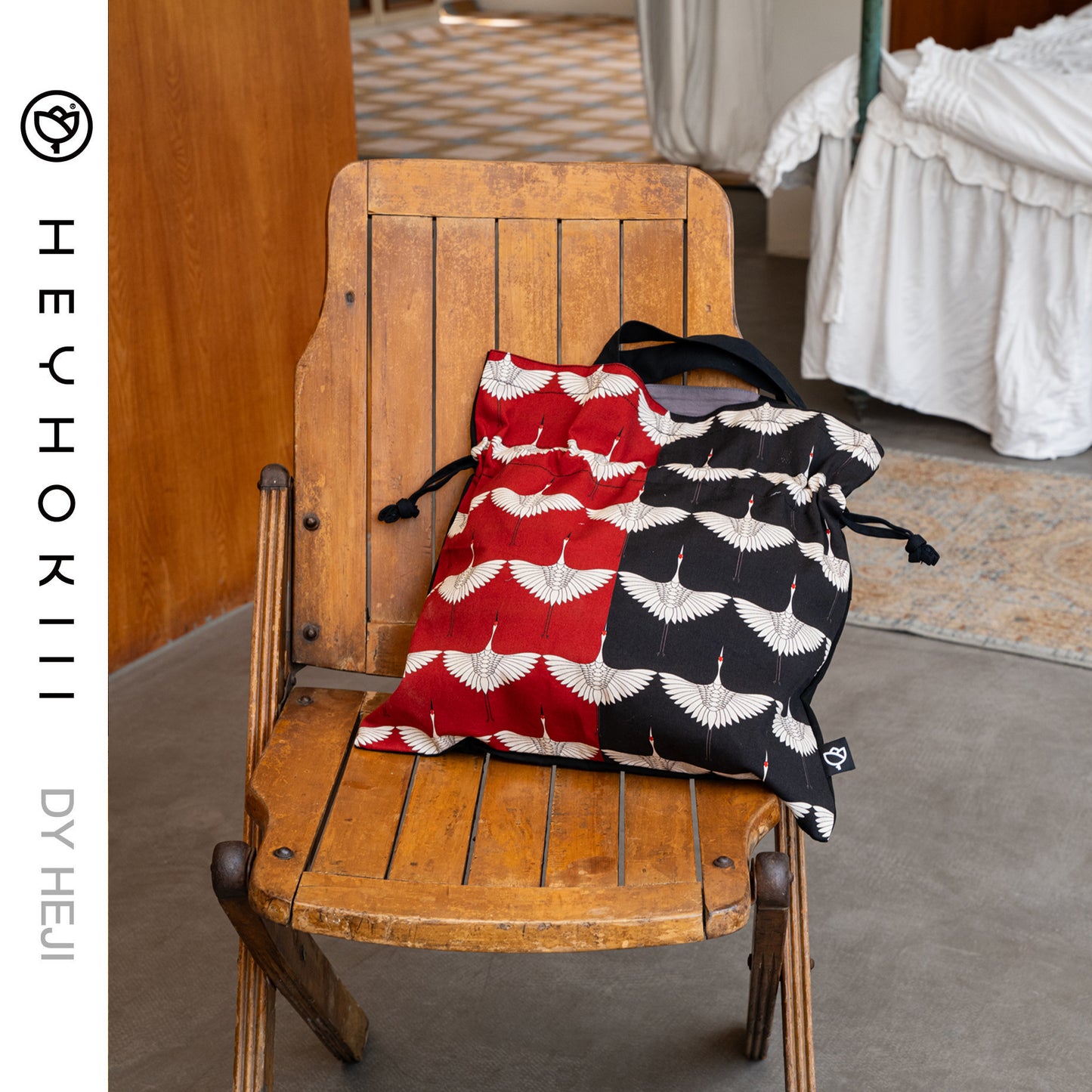 【heyhokiii】Black Crane Canvas Drawstring Bag: Timeless Chinese Symbolism in Sustainable Style