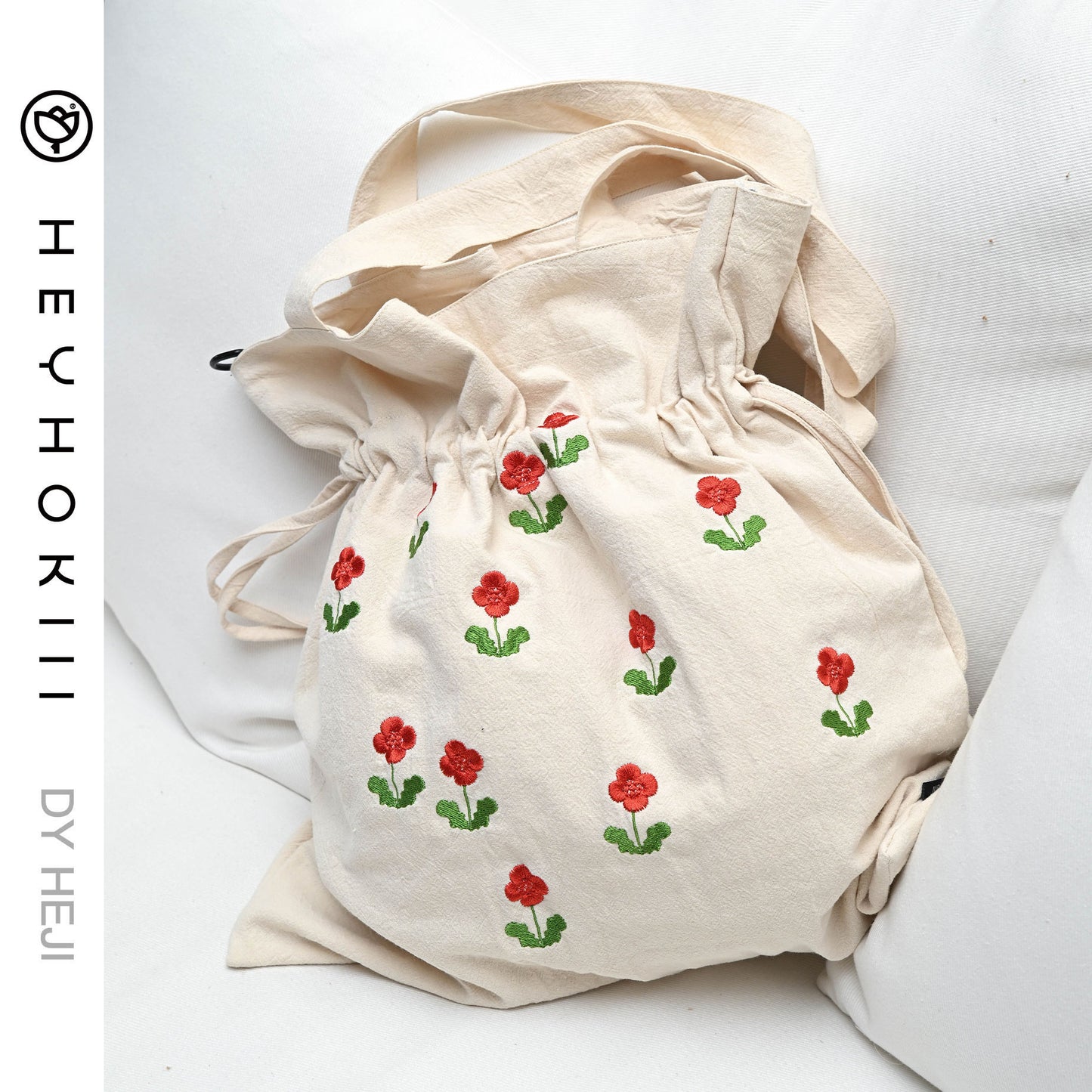 【heyhokiii】Machine-Embroidered Small Red Flower Cotton Drawstring Bag: A Pop of Vibrant Charm