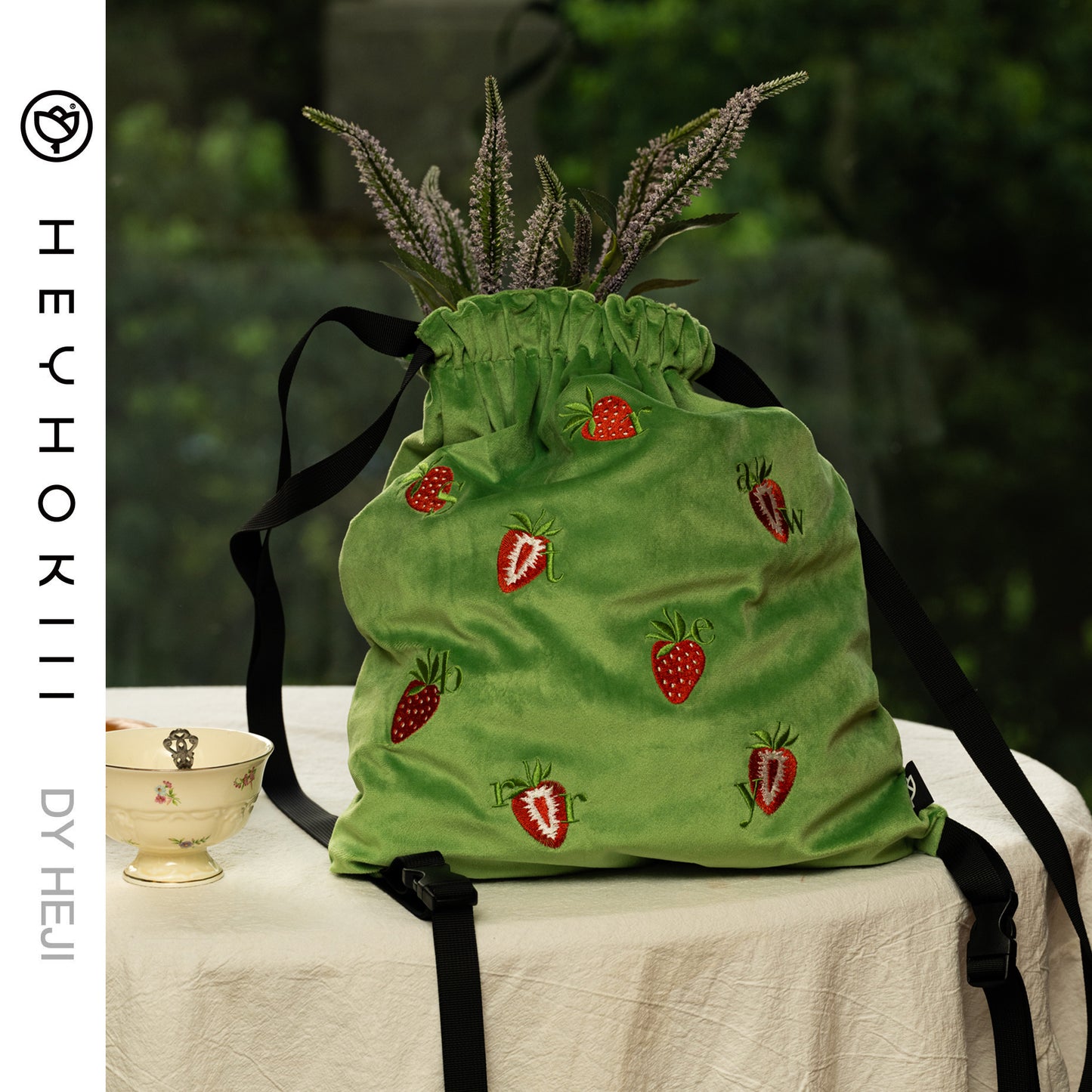 【heyhokiii】Machine-Embroidered Strawberry Green Velvet Duffle Bag: Playful Luxury in Every Stitch
