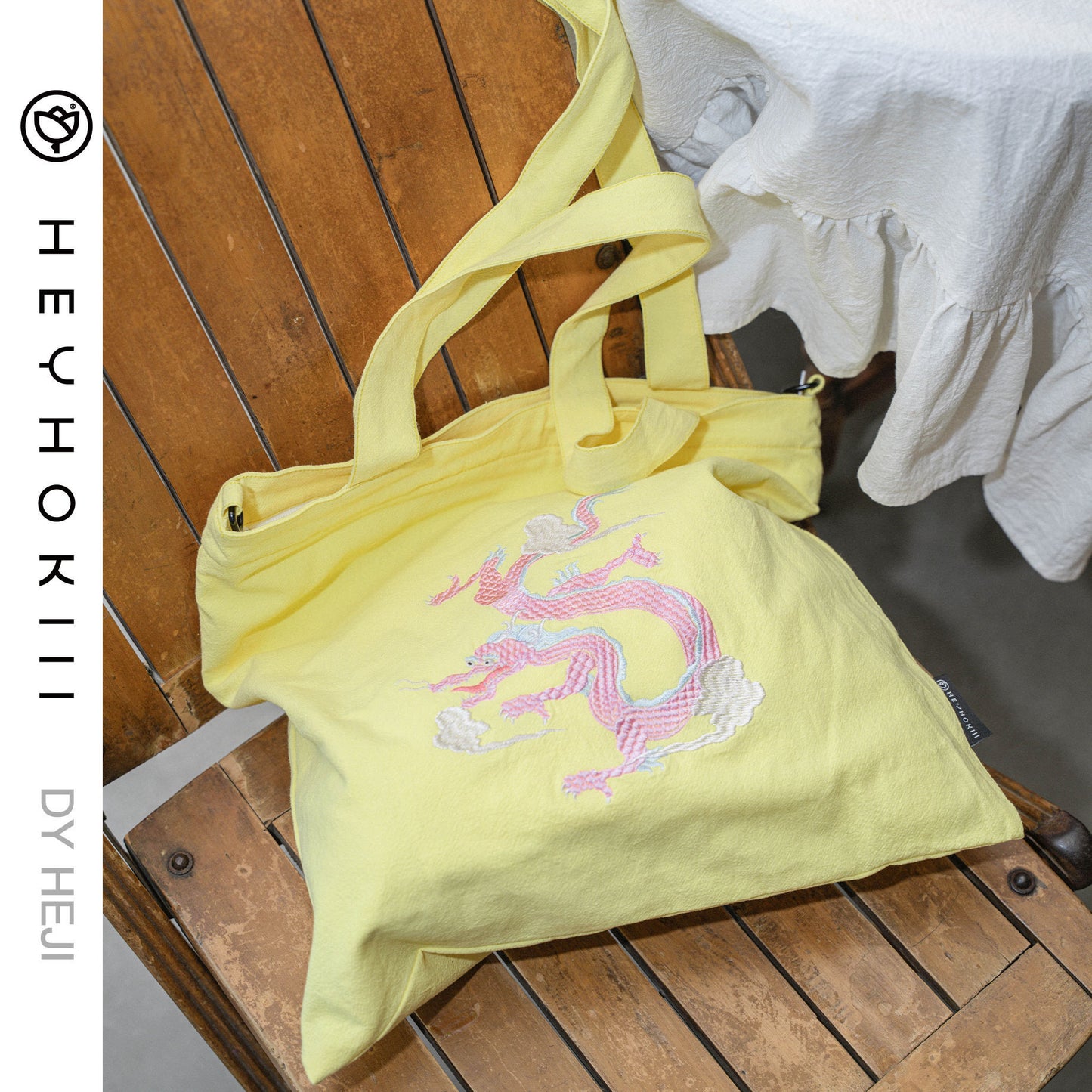 【heyhokiii】Auspicious Loong Embroidery Cotton Tote | Handmade Chinese Heritage Design | Zippered Closure for Secure Carry