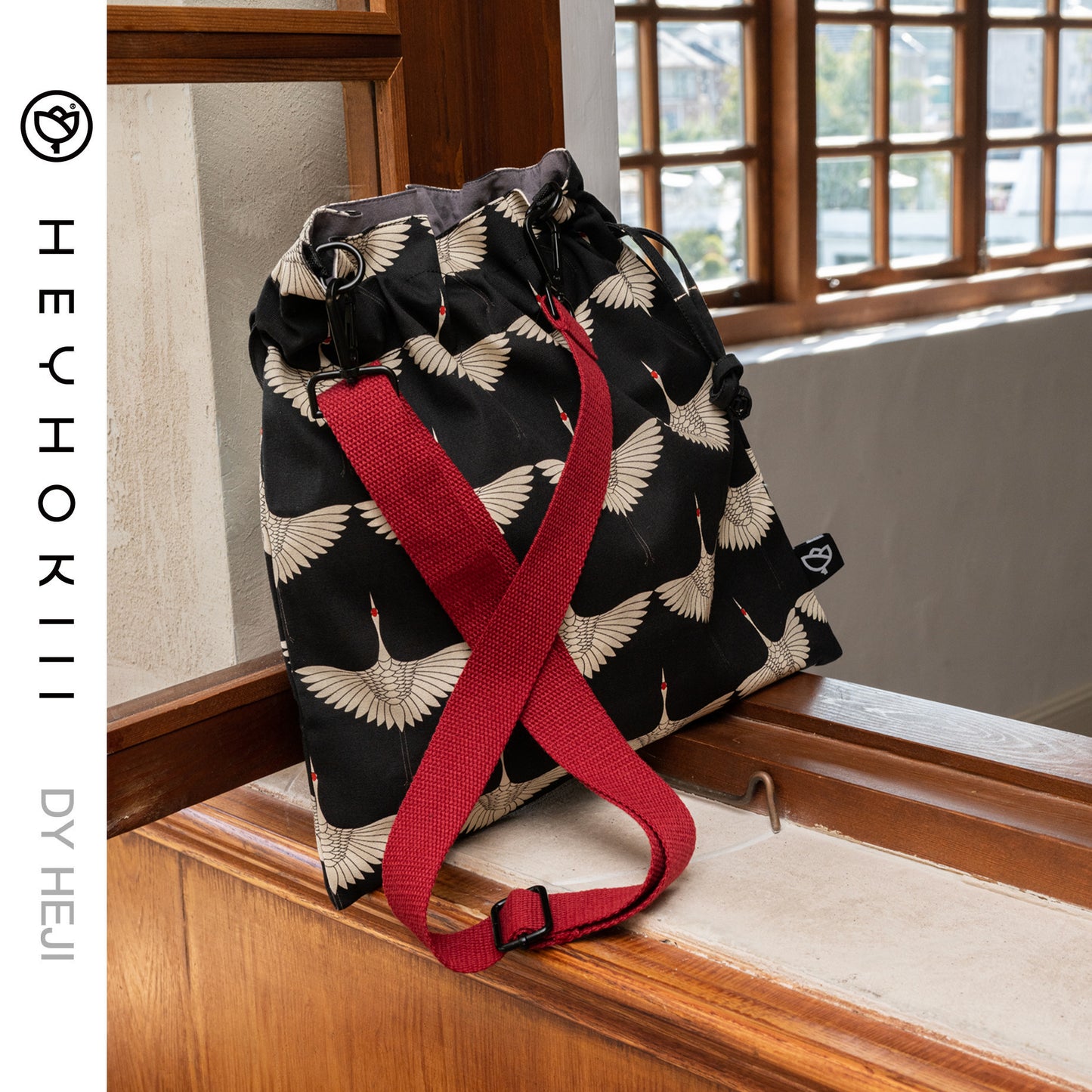 【heyhokiii】Black Crane Canvas Drawstring Bag: Timeless Chinese Symbolism in Sustainable Style