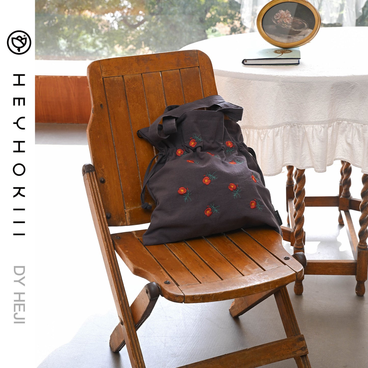 【heyhokiii】Machine - Embroidered Corn Poppy Cotton Drawstring Bag: A Blend of Precision and Practicality