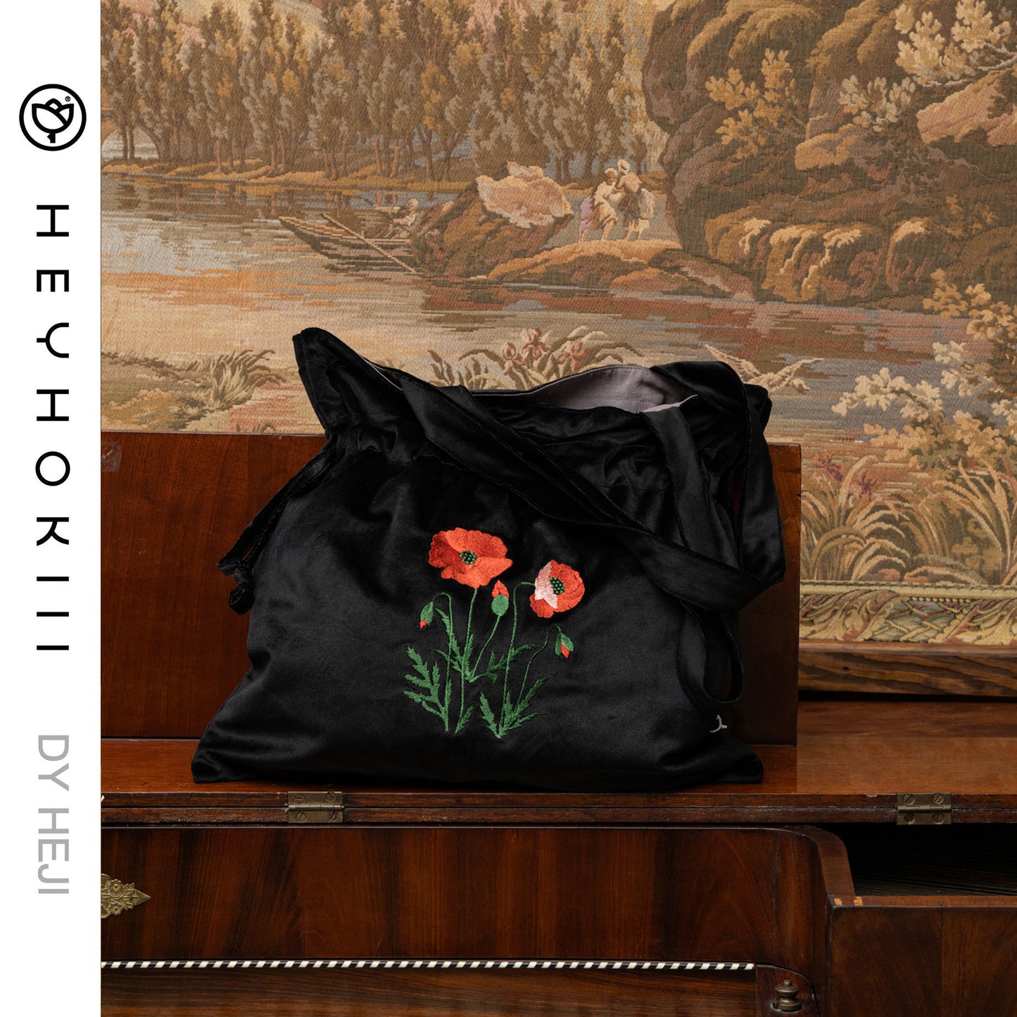 【heyhokiii】Machine-Embroidered Corn Poppy Black Velvet Bag: Edgy Elegance in Every Stitch