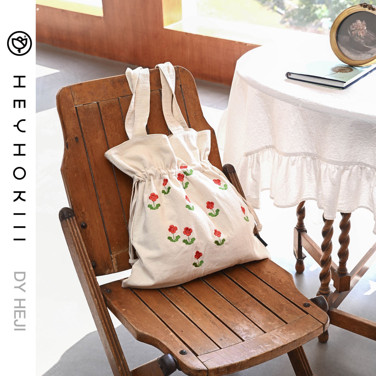 【heyhokiii】Machine-Embroidered Small Red Flower Cotton Drawstring Bag: A Pop of Vibrant Charm