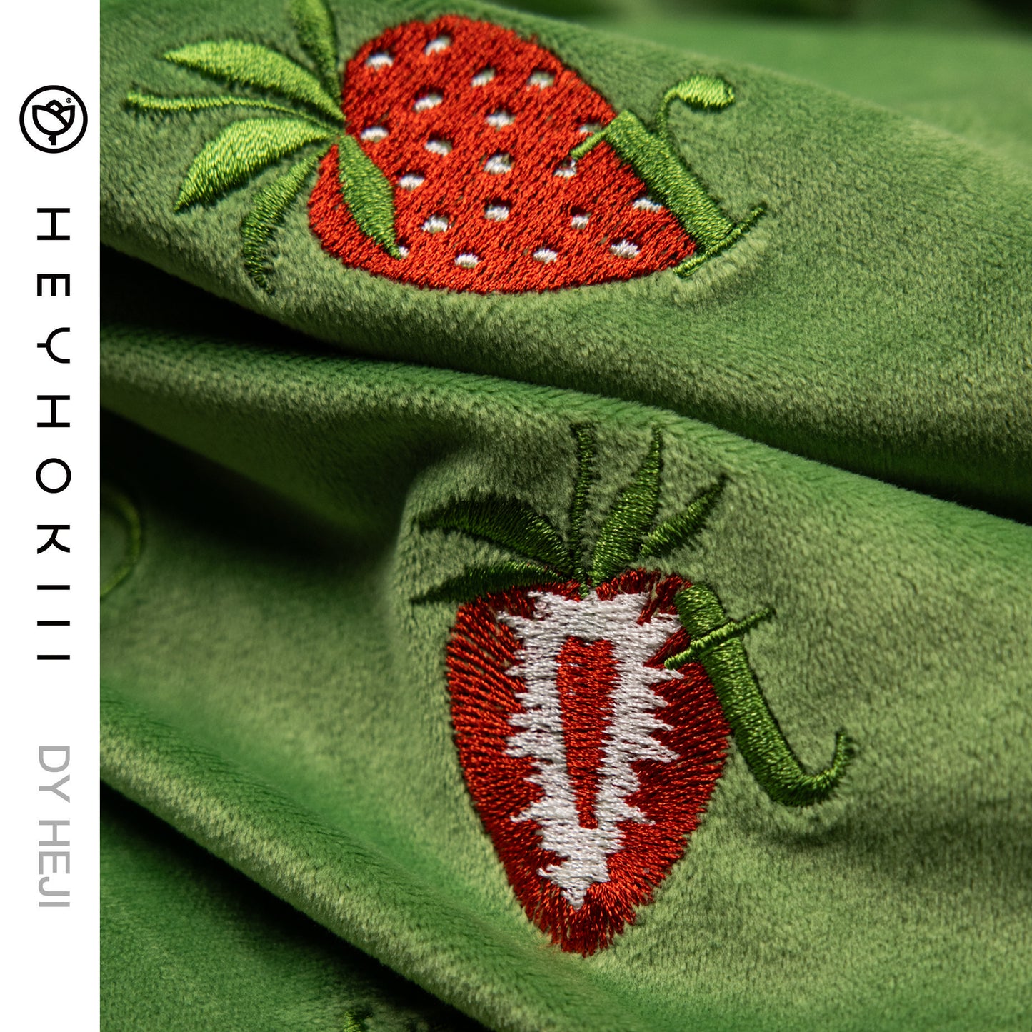 【heyhokiii】Machine-Embroidered Strawberry Green Velvet Duffle Bag: Playful Luxury in Every Stitch